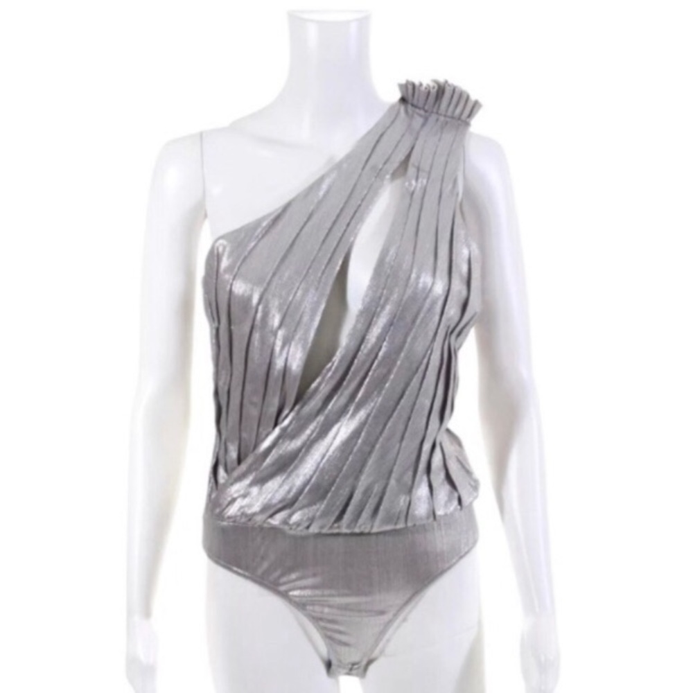 NWT Retrofete Cassie Bodysuit Size XL Metallic Silver Cutout One Shoulder